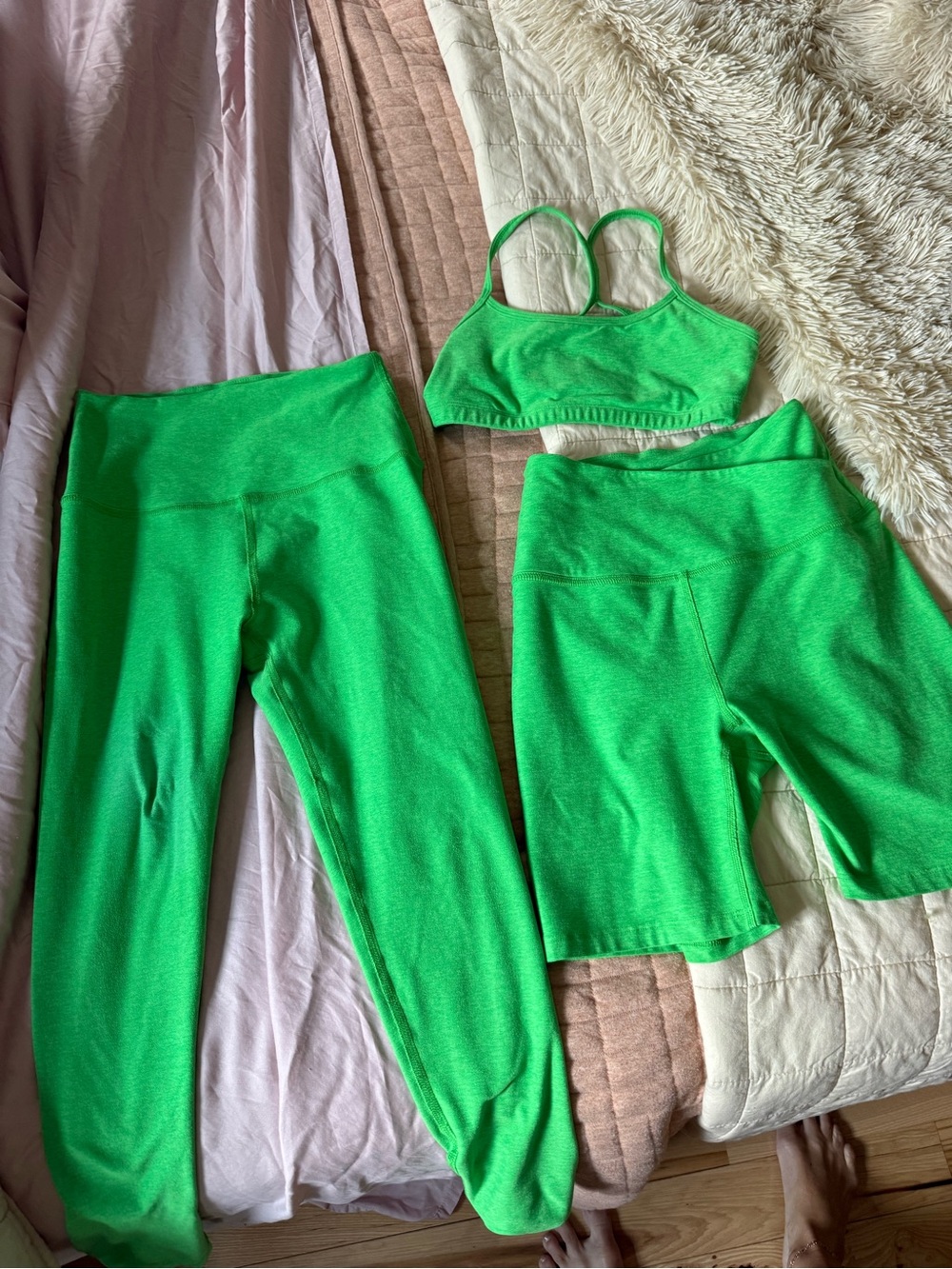 Beyond Yoga Neon Green Leggings, Bike Shorts & Sports Bra Set